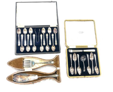 3 cased silver plated cutlery sets includes fish knife and fork etc 
