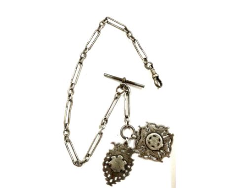 Vintage silver fobs on a silver albert chain, total weight 42 grams 