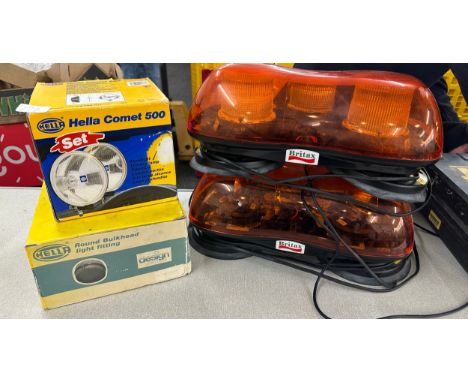 Boxed Hella Comet 500 driving lamp, Hella round bulkhead light fitting, 2 x Britax orange beacons, all untested 