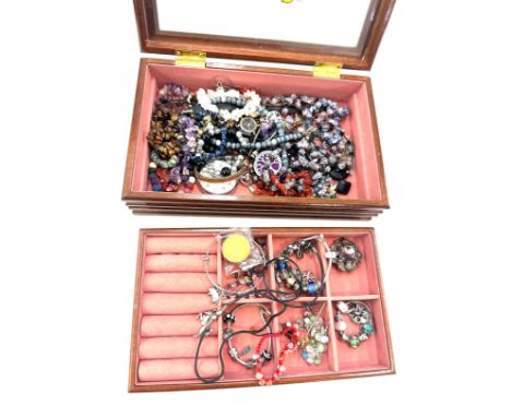 Selection of vintage and later costume jewellery includes silver charm bracelets, scottish brooch, beads etc 