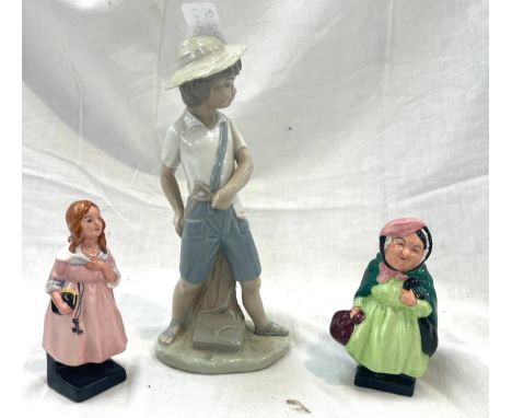 Royal Doulton Little Nelle, Royal Doulton Sairy gamp, Nao boy with cataplut, all in good overall condition 