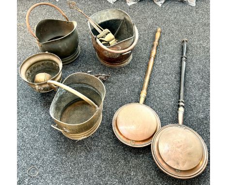 Selection of brassware to include warming pans, coal buckets, jardiniere, piano stick etc 