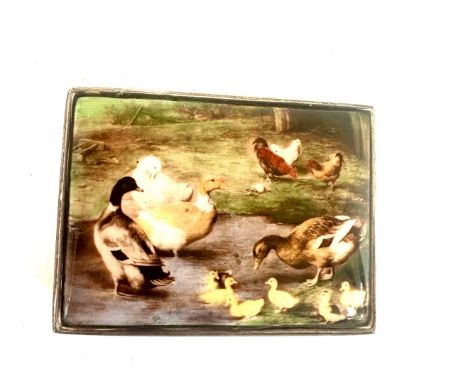 Sterling silver and enamel pill box with farmyard scene, inside marked 925, weight approximate 59g 