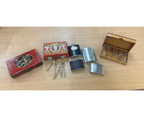 Selection of miscellaneous inlcudes vintage domino sets, 4 hip flasks etc 