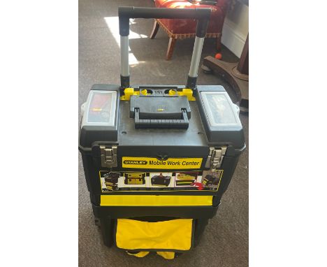 Stanley 3 tier portable tool box on wheels and contents  and 1 other plastic  tool box 