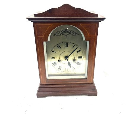 Mahogany inlaid Edwardian bracket clock with pendulum and key, untested, Height 12 inches, Width 9.5 inches, Depth 6 inches 