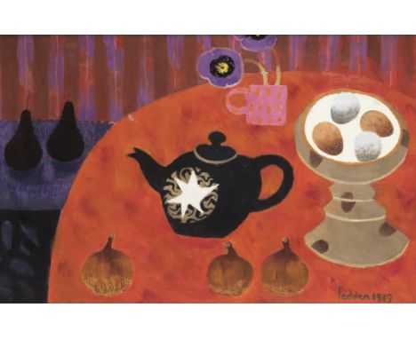 Mary Fedden R.A. (British, 1915-2012)Black Teapot signed and dated 'Fedden 1989' (lower right); further signed and titled 'Ma