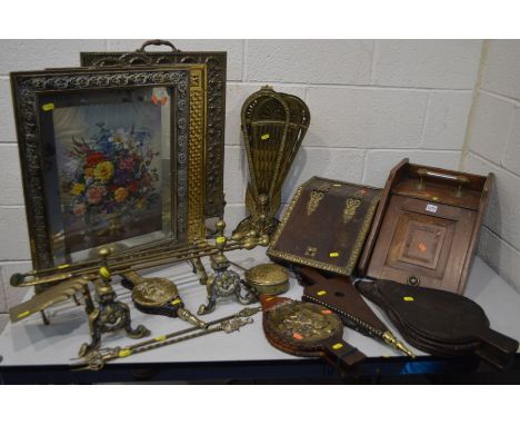 A QUANTITY OF BRASS MISCELLANEOUS, to include a brass fan firescreen (sd) three firescreens, three various bellows, two purdo