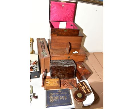 A MAHOGANY SARCOPHAGUS SHAPED TEA CADDY, WITH VACANT CARTOUCHE TO THE LID, height 15cm x width 18cm, together with a work box