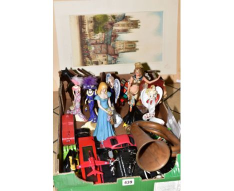A BOX OF DIE CAST VEHICLES, MODERN RESIN LADY FIGURES, horses and carts, a copper and brass bugle and five unframed hand tint