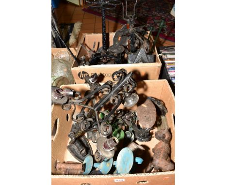 TWO BOXES OF METALWARES to include a cobblers shoe last, flat irons, Scottie dog, ceiling light, candlesticks, scales, pewter