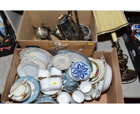 TWO BOXES OF CERAMICS AND METALWARE including Royal Doulton 'Reflections' tea wares, Rosina tea wares, a Chinese blue and whi