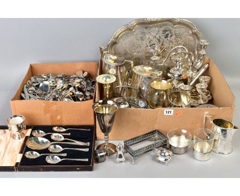 TWO BOXES OF SILVER PLATE, STAINLES STEEL ETC, including souvenir spoons, a small silver handled serving fork, a late Victori