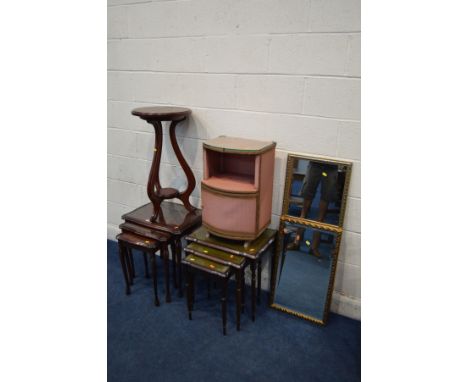 TWO VARIOUS MODERN MAHOGANY NEST OF THREE TABLES,  a mahogany plant stand, two gilt wall mirrors and a wicker bedside cabinet