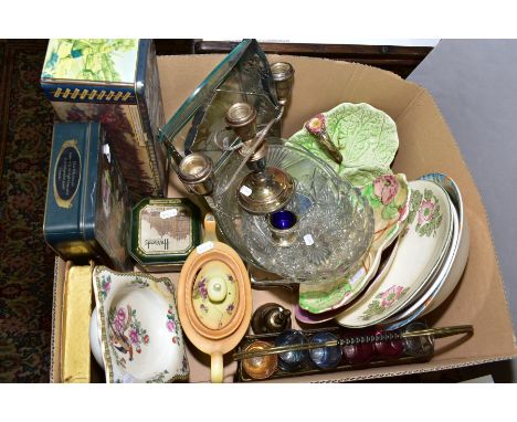 A BOX OF SUNDRY ITEMS to include a silver plated candelabrum, vintage liqueur glasses holder and glasses, tin boxes to includ