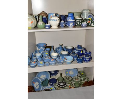 A COLLECTION OF WEDGWOOD JASPERWARE AND DUDSON JASPERWARE, including dark blue jasperware c1875 tea pot and spill vase, Queen