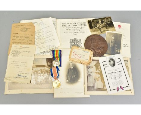 AN ALMOST COMPLETE ARCHIVE OF MEDALS AND EPHEMERA, relating to a casualty in WWI, British War and Victory medals named to 198