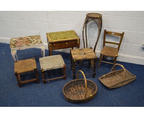 A BEECH RUSH SEATED CHILDS CHAIR, together with two wicker baskets, bamboo torchere stand and five various stools (9)