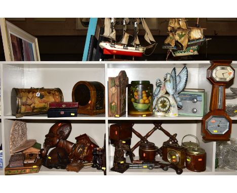 A COLLECTION OF TREEN AND MISCELLANEOUS ITEMS, including modern novelty boxes, a cuckoo clock, coat hanger, novelty guns, orn