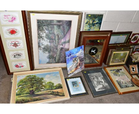 PICTURES AND PRINTS ETC, to include silk pictures of flowers, unsigned watercolours of flowers, oil on canvas of a rural scen