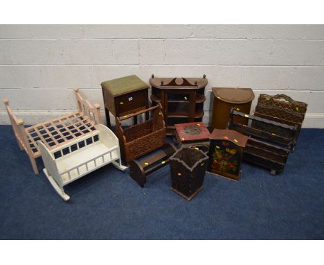 A QUANTITY OF VARIOUS MISCELLANEOUS FURNITURE to include two various dolls cots, oak sewing box, three magazine racks, oak bo