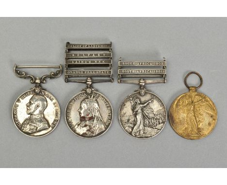 A GROUP OF THREE MEDALS AND ONE OTHER MEDAL AS FOLLOWS, Queens South Africa Medal, four bars, relief of Ladysmith Belfast, La