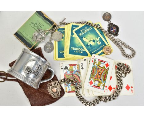 A SELECTION OF ITEMS, to include a sterling, silver graduated link Albert chain with lobster claw clasp and T-bar, suspending