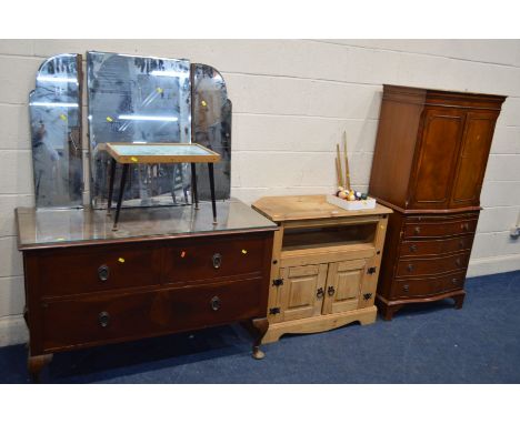 AN EDWARDIAN MAHOGANY DRESSING CHEST (missing brackets) together with cherrywood two door cabinet, a corona pine TV stand and