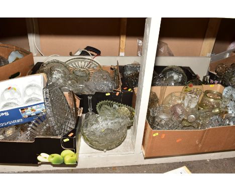 SEVEN BOXES AND LOOSE MISCELLANEOUS GLASSWARE, mostly pressed glass including bowls, cake plates, comports, jam pots and cove