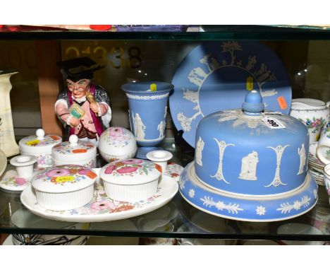 A JASPERWARE CHEESE DOME AND STAND, approximate height 17cm, two pieces Wedgwood jasperware, eight Wedgwood 'Meadow Sweet' tr