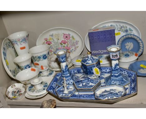 A WEDGWOOD BONE CHINA BLUE AND WHITE FALLOW DEER PRINTED SEVEN PIECE DRESSING TABLE SET, brown Portland vase mark, together w