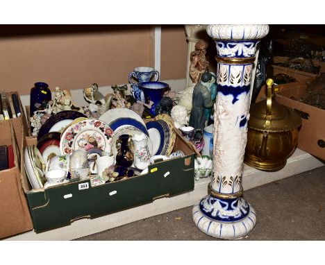 TWO BOXES AND LOOSE OF MISCELLANEOUS CERAMICS AND A LARGE BRASS KETTLE, including a jardiniere stand, Wedgwood 'Crown Sapphir