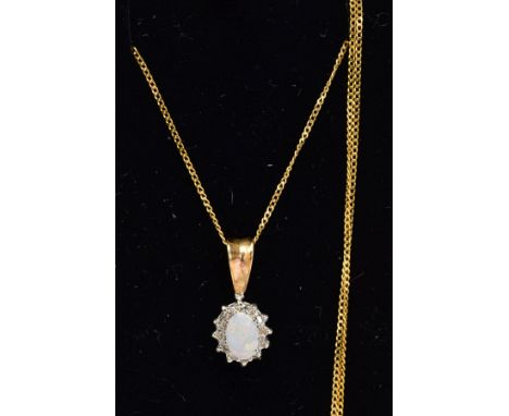 A 9CT GOLD OPAL AND DIAMOND CLUSTER PENDANT NECKLACE, the pendant designed with a central claw set oval cut opal cabochon wit