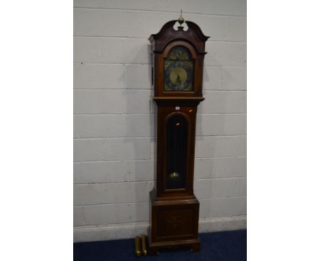 AN EARLY 20TH CENTURY MAHOGANY AND INLAID LONGCASE CLOCK, the hood with a brass finial, arched glass door enclosing the 8.5' 