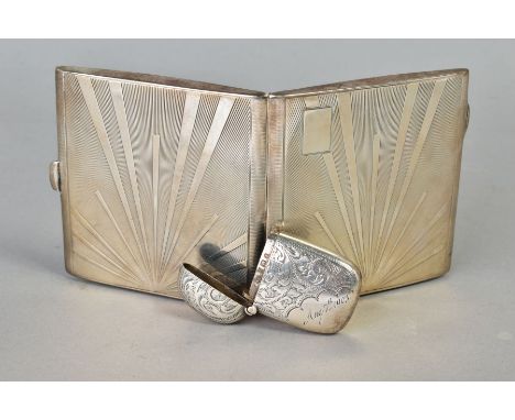 A GEORGE V SILVER CIGARETTE OF SQUARE FORM, engine turned and sunburst design, gilt interior, maker W T Toghill and Company, 