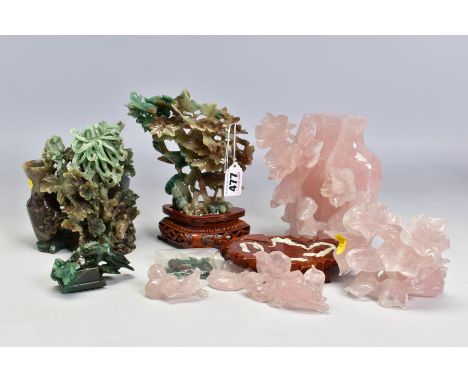 A GROUP OF THREE 20TH CENTURY CHINESE SEMI PRECIOUS STONE CARVINGS, comprising a rose quartz vase and cover with blossom and 