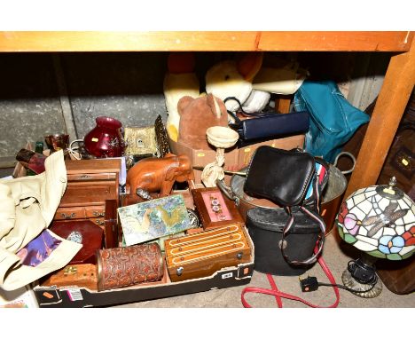 FOUR BOXES OF JEWELLERY BOXES, LAVA LAMP, COPPER, BRASS, CASSETTE TAPES, LUGGAGE AND HANDBAGS, ETC, including cased records, 