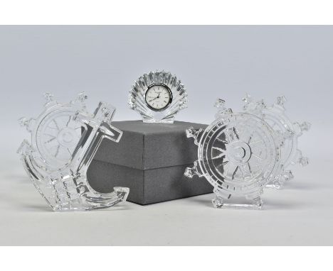 A BOXED WATERFORD CRYSTAL SHELL SHAPED TIME PIECE, stamped to base, height 6.5cm, together with three Waterford Crystal paper
