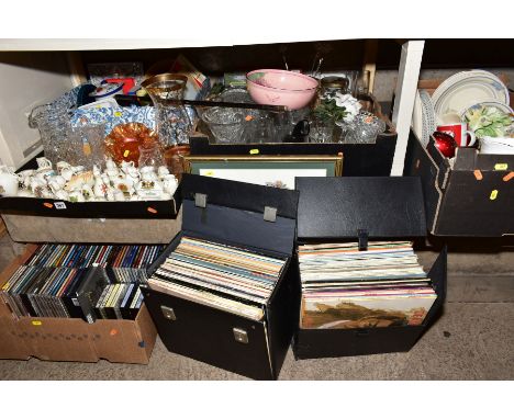 SIX BOXES AND LOOSE CRESTED CHINA, GLASSWARE, CASED LP'S, CD'S, CASSETTES, MIRROR, NEEDLEWORK PICTURE, DVD'S ETC, including G