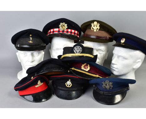 A BOX OF TEN MILITARY CAPS, to include US Army, US Air Force, Russian Army, Royal Scots, RA, Royal Sussex etc