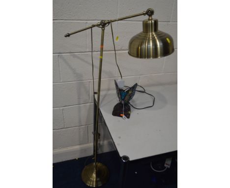 A TIFFANY STYLE BUTTERFLY TABLE LAMP together with a modern brassed standard lamp (2)