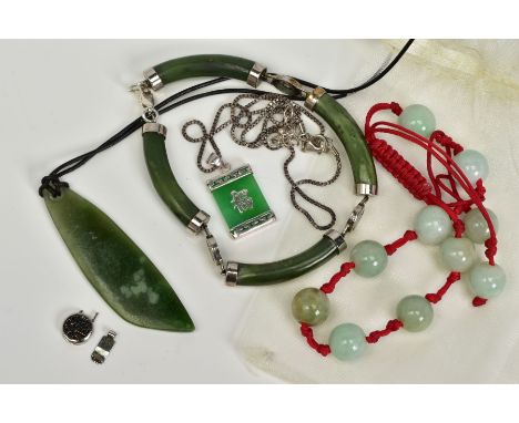 A SELECTION OF JADE AND NEPHRITE JEWELLERY, to include a beaded assessed as jade adjustable bracelet on red cord set with ten