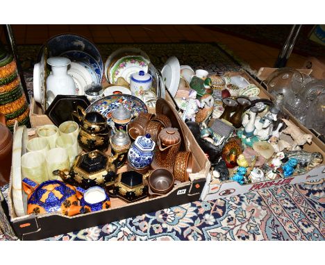 FOUR BOXES AND LOOSE CERAMICS AND GLASS ETC, to include Wedgwood Pennine coffee wares, Royal Doulton orange and flow blue lus