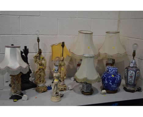 A QUANTITY OF ORIENTAL TABLE LAMPS, to include seven various resin figural lamps, four various chinoiserie table lamps and a 