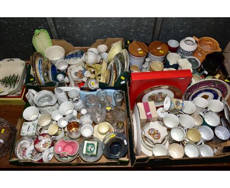 FOUR BOXES AND LOOSE CERAMICS AND GLASSWARE, including boxed Spode Christmas Tree serving dish, a quantity of Royal commemora