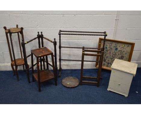 A QUANTITY OF OCCASIOAL FURNITURE, to include a bobbin turned towel rail, folding towel rail, pine torchere stand, oak plant 