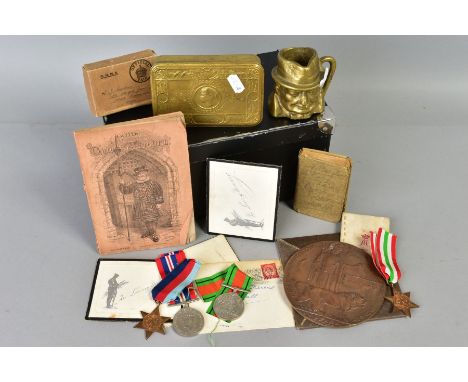 A BOX CONTAINING MEDALS, EPHEMERA, PAPERWORK etc to members of the same family, a WWI Memorial death plaque, named Albert Bay