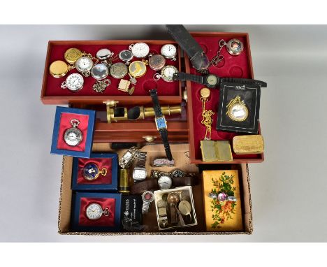 A WOODEN DISPLAY CASE WITH POCKET WATCHES AND OTHER ITEMS, to include a wooden display box with three pull out draws, contain