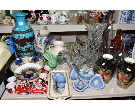 A GROUP OF CERAMICS AND GLASSWARE, including Wedgwood pale blue Jasperware, a Royal Worcester Millennium limited edition bowl