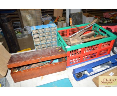 Two boxes and a plastic multi drawer chest of various tools and fittings
